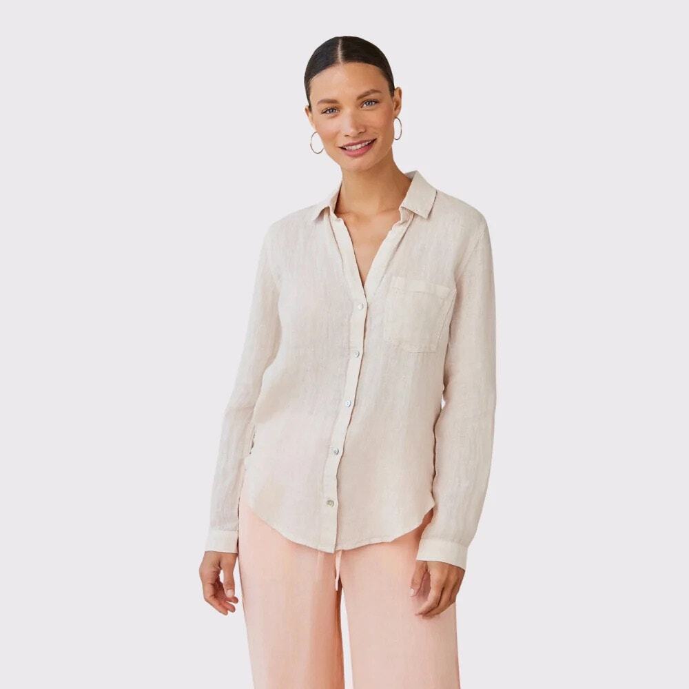 Bella Dahl Linen Pocket Button Down Shirt‎ in Sand Large Beige Grey Lightweight